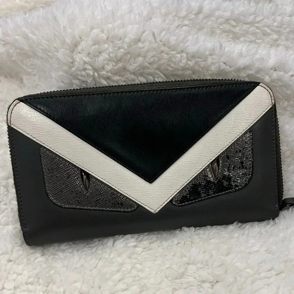 AS-IS 
FENDI monster long wallet leather gray black white round zipper USED - Picture 1 of 6
